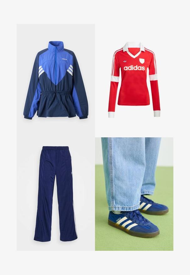 Modro-tmavomodrá vetrovka Adidas s vysokým golierom, predným zipsom, elastickým sťahovaním v páse a bielymi pruhmi na hrudi a rukávoch.; Červený futbalový dres s dlhým rukávom a bielym golierom a manžetami. Na ramenách sú tri biele pruhy a výrazne zobrazené logo "adidas".; Námornícke športové nohavice s elastickým pásom, rovnými nohavicami a bočnými zipsami. Obsahujú biele lemovanie po stranách. Hladká textúra látky.; Modré semišové tenisky s bielymi pruhmi a textúrovanými vzormi, obuté s svetlomodrými džínsami, na pozadí zelenej farby.