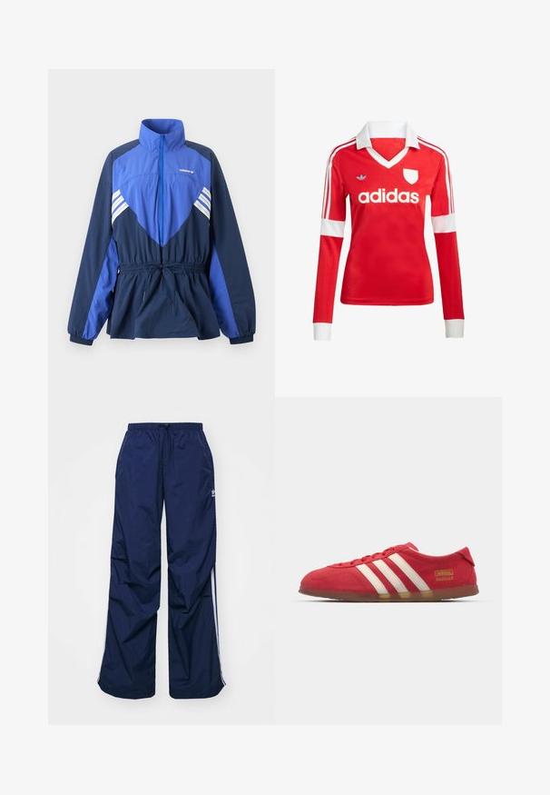 Sinine ja tumesinine Adidas tuulejope kõrge kraega, esiosas tõmblukuga, elastse vöökoha nööriga ning valgete triipudega rinnal ja varrukatel.; Punane pikade varrukatega jalgpallipluus valge krae ja varrukateotstega. Omab kolme valget triipu õlgadel ja väljapaistvat "adidas" logo.; Tumesinised, kergekaalulised püksid elastse vöökoha ja nööriga, millel on valged küljeribad ja väike logo ees. Lahtise lõikega.; Punane siidise nahast toss, millel on valge kolme riba disain, lame tall ja kuldne logo detail. Madala lõikega disain, ümar varvas ja paeltega sulgemine.
