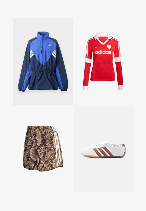 Μαριν και μπλε ανοιχτό μπουφάν Adidas με ψηλό γιακά, μπροστινό φερμουάρ, ελαστικό ρυθμιζόμενο στη μέση και λευκές ρίγες στο στήθος και τα μανίκια.; Κόκκινη ποδοσφαιρική φανέλα με μακριά μανίκια, λευκό γιακά και μανσέτες. Διαθέτει τρεις λευκές ρίγες στους ώμους και το λογότυπο "adidas" εμφανώς τοποθετημένο.; Καφέ και μπεζ σορτς με σχέδιο φίδι, ελαστική μέση και τρεις λευκές κάθετες ρίγες στο πλάι.; Λευκό sneaker χαμηλού ύψους με καφέ δερμάτινες λωρίδες, κλείσιμο με κορδόνια και σόλα από καουτσούκ χρώματος καραμέλας, εμφανιζόμενο από την εσωτερική πλευρά σε λευκό φόντο.