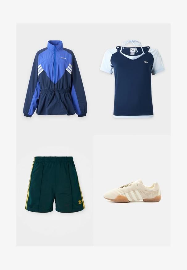 Μαριν και μπλε ανοιχτό μπουφάν Adidas με ψηλό γιακά, μπροστινό φερμουάρ, ελαστικό ρυθμιζόμενο στη μέση και λευκές ρίγες στο στήθος και τα μανίκια.; Κοντομάνικη μπλούζα Adidas σε ναυτικό και ανοιχτό μπλε με V-λαιμόκοψη, λογότυπο στο στήθος και τιράντα halter δεμένη στο πίσω μέρος του λαιμού.; Σκούρο πράσινα αθλητικά σορτς με ελαστική μέση, που διαθέτουν κίτρινες ρίγες στη πλευρά και κεντημένο κίτρινο λογότυπο στο κάτω μέρος του ποδιού.; Αθλητικό παπούτσι χαμηλού προφίλ σε μπεζ απόχρωση με τρεις λευκές ρίγες, υφή σουέντ πλευρικών πάνελ, σόλα από καουτσούκ και κλείσιμο με κορδόνια πάνω σε μονόχρωμο φόντο.
