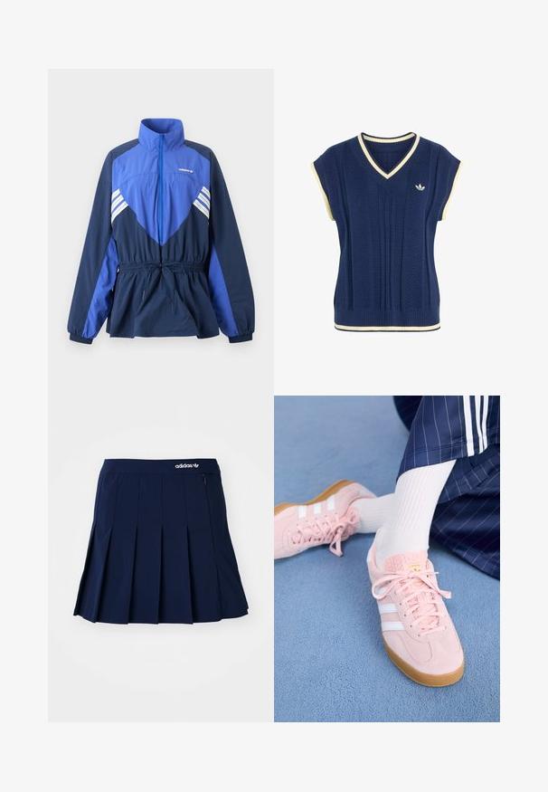Blå og marineblå Adidas vindtæt jakke med høj krave, frontlynlås, elastisk taljetræk og hvide striber på bryst og ærmer.; Marineblå strikket ærmeløs sweatervest med hvid kant på V-hals, ærmegab og kant, med lille hvid Adidas-logo på brystet.; Marineblå plisseret nederdel lavet af letvægtsstof; har en elastisk talje og en lille lynlås-lomme, med et hvidt Adidas-logo på forsiden.; Lyserøde ruskinds sneakers med hvide striber og snørebånd, udstyret med en struktureret tunge og en gummisål, placeret på et blåt tæppe.