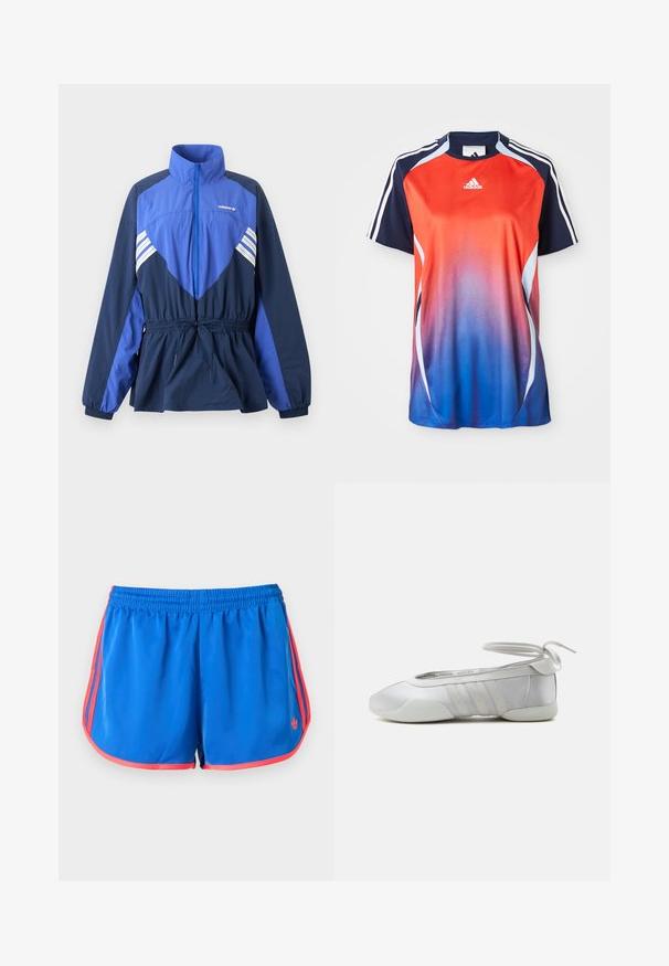 Μαριν και μπλε ανοιχτό μπουφάν Adidas με ψηλό γιακά, μπροστινό φερμουάρ, ελαστικό ρυθμιζόμενο στη μέση και λευκές ρίγες στο στήθος και τα μανίκια.; Φανέλα σπορ Adidas με κοντά μανίκια, που διαθέτει βαθμιαία αλλαγή χρώματος από κόκκινο σε μπλε, με ναυτικές λεπτομέρειες και λευκές ρίγες στους ώμους.; Μπλε αθλητικό σορτς με κόκκινο περίγραμμα και ρίγες στο πλάι, με ελαστική ζώνη μέσης και μικρό λογότυπο Adidas στο μπροστινό δεξί πόδι.; Λευκό μπαλαρίνα παπούτσι με στρογγυλεμένη μύτη, τρεις ραμμένες πλευρικές ρίγες και κλείσιμο με κορδόνι περιτύλιξης αστραγάλου, εμφανιζόμενο από πλάγια όψη.