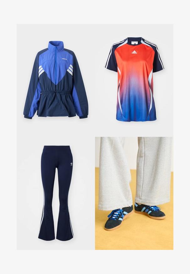 Chaqueta cortavientos Adidas azul y azul marino con cuello alto, cremallera frontal, cordón elástico en la cintura y rayas blancas en el pecho y las mangas.; Camisa deportiva de manga corta de Adidas con un degradado que va del rojo al azul, con detalles en azul marino y rayas blancas a lo largo de los hombros.; Leggings acampanados de color azul marino, hechos de tela elástica, con franjas laterales blancas y un pequeño logotipo en la parte frontal. Textura suave en toda su superficie.; Zapatillas de ante negras y azules con cordones azules y acentos a rayas, combinadas con pantalones de pierna ancha gris claro, sobre un suelo amarillo.