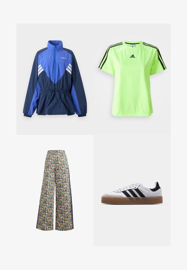 Modro-tmavomodrá vetrovka Adidas s vysokým golierom, predným zipsom, elastickým sťahovaním v páse a bielymi pruhmi na hrudi a rukávoch.; Neón zelené športové tričko vyrobené z tkaniny s odvodom vlhkosti. Obsahuje čierny dizajn s tromi pruhmi na pleciach a logo umiestnené na hrudi.; Široké květinové nohavice s modrým pozadím, které mají pestrý vzor červených, žlutých a modrých květin a elastický pás.; Biele kožené tenisky s čiernymi pruhmi, gumová podrážka, okrúhla špička, šnurovanie a mäkký sivý semišový špička.