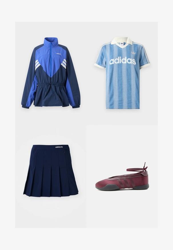 Modro-tmavomodrá vetrovka Adidas s vysokým golierom, predným zipsom, elastickým sťahovaním v páse a bielymi pruhmi na hrudi a rukávoch.; Svetlomodré polokošeľa s krátkym rukávom s vertikálnymi pruhmi, bielymi akcentmi a výrazným bielym logom „adidas“ na prednej strane.; Námornícky skládací sukňa vyrobená z ľahkého materiálu; má elastický pás a malú zipsovú kapsu, s bielym logom Adidas vpredu.; Burgundské balerínky s čiernou podrážkou, elastickými remienkami na členku zviazanými do mašle a prešívanými detailmi na bokoch, zobrazené z vonkajšej strany.