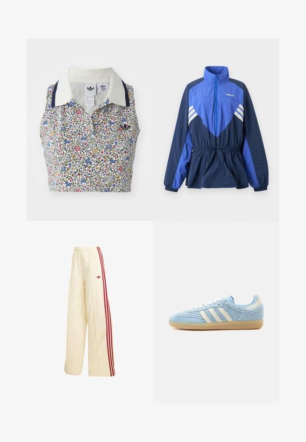 Blaues und marineblaues Adidas Windbreaker-Jacke mit hohem Kragen, Frontreißverschluss, elastischem Bund mit Kordelzug und weißen Streifen auf Brust und Ärmeln.; Blumen-Crop-Top mit weißem Grund und blauen, roten und gelben Blumen. Verfügt über einen weißen Kragen mit marineblauen Akzenten und einem bestickten Logo.; Cremefarbene weite Trainingshose mit roten Seitenstreifen, elastischem Bund, Reißverschlusstasche und rotem Adidas-Logo am Oberschenkel.; Low-Top-Sneaker mit hellblauem, gewebtem Obermaterial, weißen Streifen, weißen Schnürsenkeln, hellblauer Wildlederkappe an der Spitze und Laufsohle aus Gummimischung.