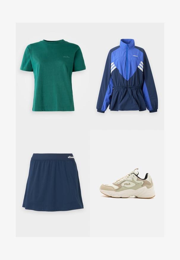 Modro-tmavomodrá vetrovka Adidas s vysokým golierom, predným zipsom, elastickým sťahovaním v páse a bielymi pruhmi na hrudi a rukávoch.; Zelené tričko s krátkym rukávom vyrobené z mäkkej tkaniny, s okrúhlym výstrihom a jemným logom na prednej strane.; Námornícka modrá, mäkká látková sukňa-šortky s elastickým pásom. Má skladaný dizajn a malé logo na páse.; Svetlé Fila tenisky s robustnou podošvou, s béžovými a krémovými panelmi, textúrovanými akcentmi a čiernym detailom na päte.