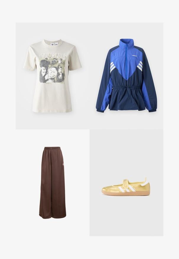 Blauwe en marineblauwe Adidas windbreaker jas met hoge kraag, ritssluiting aan de voorkant, elastisch koord in de taille en witte strepen op borst en mouwen.; Beige katoenen t-shirt met een ronde hals. Voorzien van een grafische print met personages en tekst uit "Buffy", in zwart en grijstinten.; adidas Originals Trainingsbroek - auburn cream white; Gouden sneaker met witte strepen en een klittenbandsluiting. Gladde metallic afwerking, ronde neus en een gestructureerde rubberen zool.