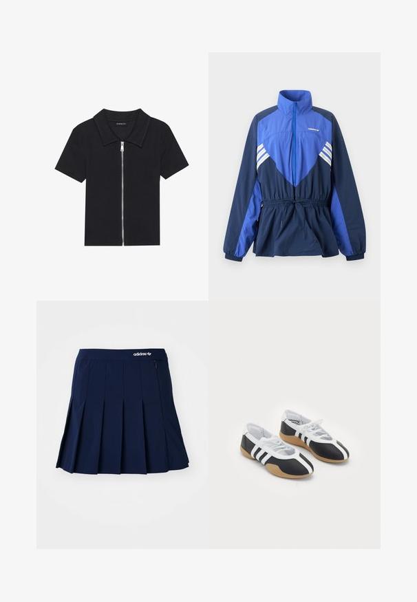 Blauwe en marineblauwe Adidas windbreaker jas met hoge kraag, ritssluiting aan de voorkant, elastisch koord in de taille en witte strepen op borst en mouwen.; Zwarte polo met korte mouwen en een geribbelde textuur, met een rits aan de voorkant en een puntige kraag. Eenvoudig ontwerp met minimale accenten.; Marineblauwe plooienrok van lichtgewicht stof; heeft een elastische tailleband en een klein zipvak, met een wit Adidas-logo op de voorkant.; Zwart-witte sport schoenen met een slank ontwerp, rubberen zool, vetersluiting en drie witte strepen aan de zijkanten.