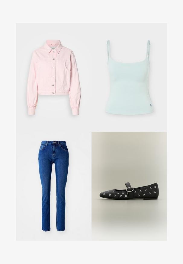 Chaqueta de mezclilla rosa claro con mangas largas, botones plateados, bolsillos frontales y un diseño corto. Cuenta con un cuello clásico y puños elásticos.; Camiseta ajustada de color azul claro con tirantes finos ajustables y pequeño logo bordado cerca del dobladillo sobre fondo liso.; Jeans de mezclilla azul con un corte ajustado, cintura alta, piernas rectas y detalles cosidos. Cuenta con un cierre de botón y cremallera. Sin adornos adicionales.; Zapato plano Mary Jane negro con detalles de ojales plateados y una hebilla plateada en la correa sobre un fondo neutro.