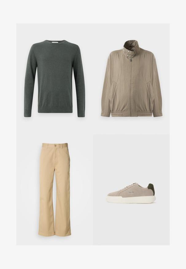 Chaqueta casual marrón claro con cuello alto, cierre frontal con cremallera, botones a presión, mangas largas y bolsillos laterales, presentada sobre un fondo blanco.; Suéter de manga larga verde oscuro, hecho de un tejido suave y texturizado, con cuello redondo y puños y dobladillo acanalados. Diseño simple y clásico.; Pantalones beige de pierna ancha, hechos de una mezcla de algodón. Presentan un cierre de botón y trabillas para cinturón. Textura suave, con detalles de costura mínimos.; Zapatillas de piel de ante beige con suela de goma blanca, que presentan un acento en el talón de color verde oscuro y un sutil logo en el lateral.