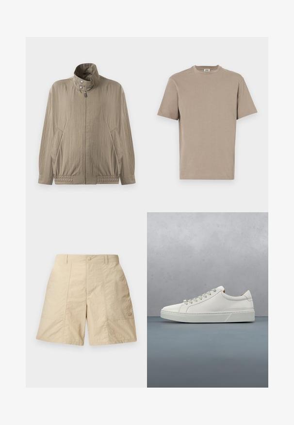 Hellbraune lässige Jacke mit hohem Kragen, Frontreißverschluss, Druckknöpfen, langen Ärmeln und Seitentaschen, auf einem weißen Hintergrund präsentiert.; Beige Baumwoll-T-Shirt mit rundem Halsausschnitt, kurzen Ärmeln und geradem Saum. Glatte Textur, minimalistisches Design, keine sichtbaren Grafiken oder Akzente.; Beige Shorts mit strukturierter Oberfläche, die über einen vorderen Knopfverschluss, zwei seitliche Taschen und ein kleines Logo auf der unteren rechten Seite verfügen.; Weißes Leder-Sneaker mit abgerundetem Zehenbereich, minimalistisches Design, graue Schnürsenkel und einer strukturierten grauen Gummisohle. Dezente Nähte sichtbar.