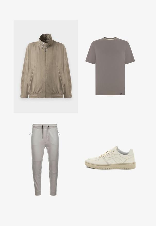 Veste casual beige clair avec col montant, fermeture éclair à l'avant, boutons-pression, manches longues et poches latérales, présentée sur un fond blanc.; T-shirt uni à manches courtes avec col rond, de couleur taupe unie, avec une petite étiquette noire et blanche en bas de l'ourlet.; Pantalons jogger gris clair en tissu doux avec une taille élastique, cordons de serrage noirs, poches latérales zippées et poignets côtelés aux chevilles.; Baskets basses blanc cassé avec semelle beige, fermeture à lacets, panneaux latéraux perforés et détails de couture minimalistes.