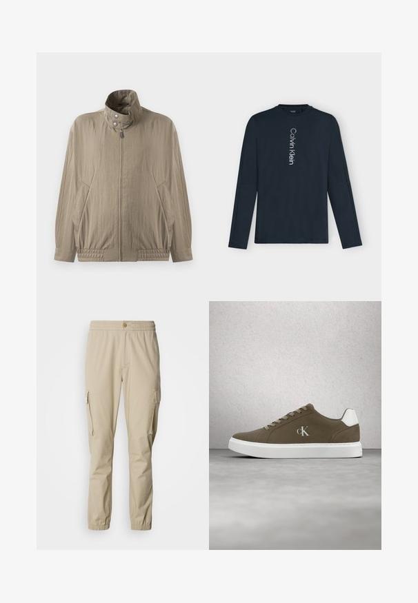 Veste casual beige clair avec col montant, fermeture éclair à l'avant, boutons-pression, manches longues et poches latérales, présentée sur un fond blanc.; Chemise bleu marine à manches longues avec texte vertical blanc « Calvin Klein » centré devant et col rond.; Pantalons cargo beiges avec une taille élastique, fermeture à bouton, poches latérales et poignets élastiques aux chevilles, fabriqués en tissu léger.; Baskets brunes Calvin Klein avec semelle blanche et lacets blancs, présentées devant un mur en blocs de verre et un sol en béton.