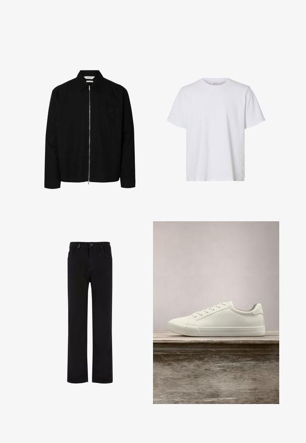 Zwarte lange mouwen jas met een zilveren rits over de hele voorkant, een borstzak aan de linkerkant en een puntige kraag.; Effen wit T-shirt met korte mouwen en ronde hals, met een regular fit en een gladde stoftextuur, weergegeven op een witte achtergrond.; Zwarte denim broek met een recht model, voorzien van een knoopsluiting, riemlussen en voorzakken. Gladde textuur en uniforme kleur.; Witte vetersneaker die boven een houten bank zweeft met groene bladeren op de achtergrond, waarbij het ontwerp en de textuur van de schoen worden getoond.
