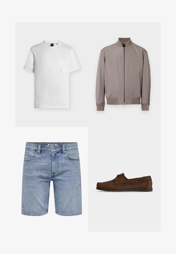 Veste bomber grise en tissu lisse, dotée d'un col et de poignets côtelés, d'une fermeture éclair frontale et de poches latérales.; T-shirt blanc uni à manches courtes et col rond avec un petit patch rectangulaire sur la poitrine gauche et une étiquette noire à l'intérieur du col.; Short en jean bleu clair avec fermeture éclair devant, fermeture à bouton, passants de ceinture et cinq poches, présenté de face sur fond blanc.; Mocassin marron en cuir style mocassin avec détails de lacets et semelle noire basse, montré de côté sur fond blanc uni.