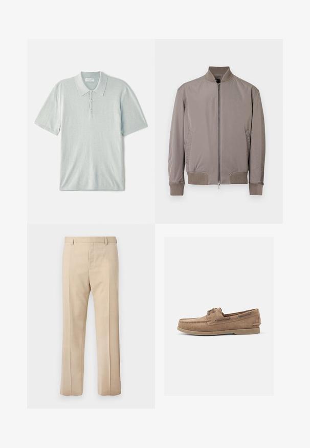 Harmaa pommitakki, valmistettu sileästä kankaasta, jossa on resorit kauluksessa ja hihansivuissa, vetoketjullinen etuosan suljenta sekä sivutaskut.; Vaaleansininen пуcreasepóulshirts, joka on valmistettu pehmeästä kankaasta ja siinä on klassinen kaulus, kolmonnapainike ja lyhyet hihat. Minimalistinen muotoilu.; Beigenväriset räätälöidyt housut vyölenkeillä, etusaumalla ja piilotetulla vetoketjulla, esillä yksinkertaisella taustalla.; Suede loafers vaaleanruskeana, jossa on mokka-tyylinen muotoilu. Varustettu metallisilla rei'illä ja kumipohjalla. Ei näkyviä kuvioita tai koristeita.
