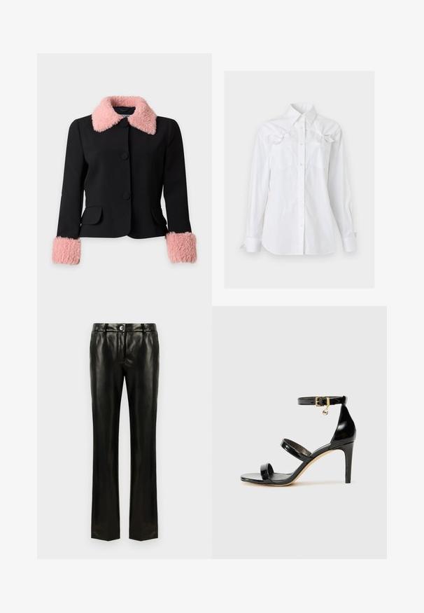 Chaqueta negra con gran cuello de piel sintética rosa y puños a juego de piel sintética rosa, con tres grandes botones negros y dos bolsillos delanteros.; Camisa blanca de manga larga con cuello y dos bolsillos en el pecho, cada uno con un lazo decorativo cerca de la parte superior.; Pantalones rectos de imitación de cuero negro con cierre de botón y cremallera, trabillas para cinturón y bolsillos laterales, exhibidos sobre un fondo blanco.; Sandalia de charol negro con tres correas, hebilla en el tobillo y tacón de aguja de 10 cm. Presenta detalles de hardware en oro y un charm con el logo.