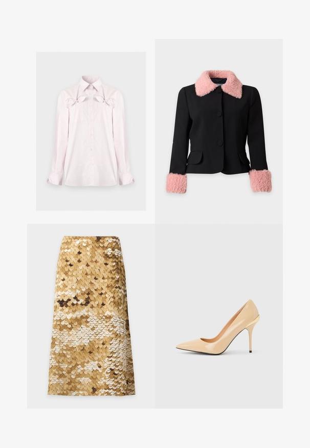 Veste noire avec un grand col en fausse fourrure rose et des poignets assortis en fausse fourrure rose, avec trois grands boutons noirs et deux poches avant.; Chemise rose clair à manches longues avec boutons, col pointu, poches poitrine et nœuds décoratifs au-dessus des poches sur un fond uni.; Jupe midi dorée et beige à sequins avec un motif ressemblant à des écailles et une légère forme évasée sur un fond clair uni.; Escarpin à talon haut en cuir verni beige avec bout pointu et talon aiguille fin, orné d'un petit accent doré à l'arrière.