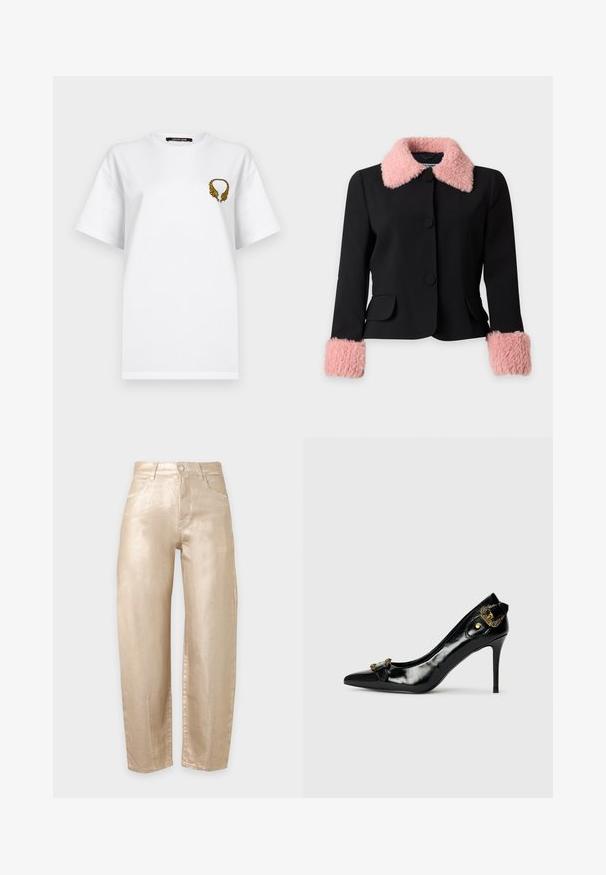 Schwarze Jacke mit großem pinkfarbenem Kunstpelzkragen und passenden pinkfarbenen Kunstpelzmanschetten, mit drei großen schwarzen Knöpfen und zwei Vordertaschen.; Weißes Kurzarm-T-Shirt mit einem kleinen, gestickten Design zweier spiegelbildlicher Tigerköpfe, die auf der oberen linken Brust einen Kreis bilden.; Hoch taillierte, gerade geschnittene Hose aus glänzendem beigem Stoff mit vorderen Taschen, Gürtelschlaufen und einem vorderen Knopfverschluss.; Schwarzer Lackleder-High-Heel-Schuh mit spitzer Zehe, einer Schleifendetaillierung auf der Vorderseite und einer dekorativen goldfarbenen Hardware-Akzent auf der Rückseite.
