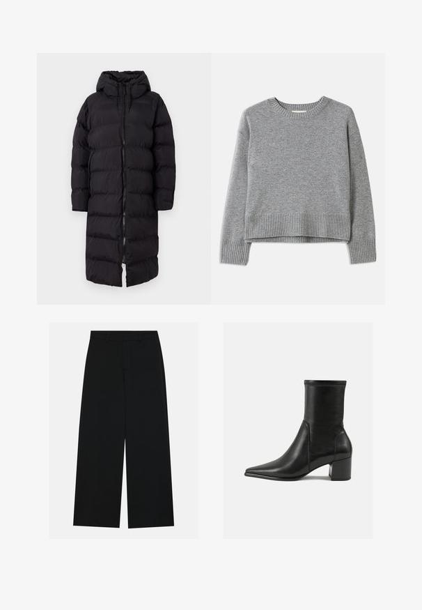 Manteau long rembourré noir avec capuche, fermeture éclair frontale et poches latérales, d'une texture lisse et élégante.; Pull en gris fabriqué à partir d'un tissu doux, avec un col rond, des poignets et un ourlet côtelés, et une coupe légèrement raccourcie avec une texture lisse.; Pantalons noirs à jambe large en tissu lisse. Dotés d'une taille plate avec passants de ceinture et sans poches visibles. Design simple.; Bottine noire en cuir lisse, avec un bout pointu, un talon carré et des coutures surélevées distinctes au bord supérieur.