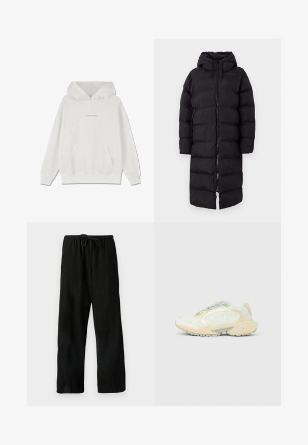 Schwarzer gepolsterter Langmantel mit Kapuze, Frontreißverschluss und seitlichen Taschen in einer eleganten, glatten Textur.; Weißer Baumwoll-Hoodie mit einer Fronttasche, gerippten Bündchen und dem "PEGADOR"-Logo in Hellbeige über der Brust.; Schwarze, weite Hosen aus strukturiertem Stoff, mit einem elastischen Bund und Kordelzug für eine verstellbare Passform. Keine Muster oder Akzente sichtbar.; Weißer und beiger Sportschuh mit Mesh- und Lederdetails, gepolsterter Sohle und Schnürverschluss, von der Seite auf einfachem Hintergrund gezeigt.
