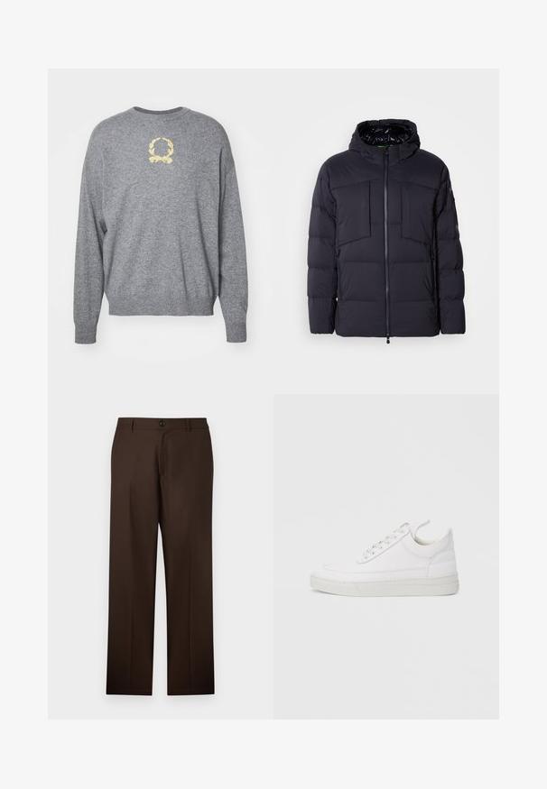 Polstret sort jakke med hætte, med en frontlynlås, to store brystlommer og sidelommer. Glat tekstur og quiltet design.; Grå strikket sweater med rund hals, prydet med en gul broderet laurbærdesign på brystet samt ribbede manchetter og fald.; Brune, skræddersyede bukser med lige ben-design, knaplukning og glat stoftekstur. Ingen synlige mønstre eller accenter.; Hvid lædersneaker med rundet tå, flad sål og snørebånd foran. Har syningsdetaljer og polstret krave for komfort.