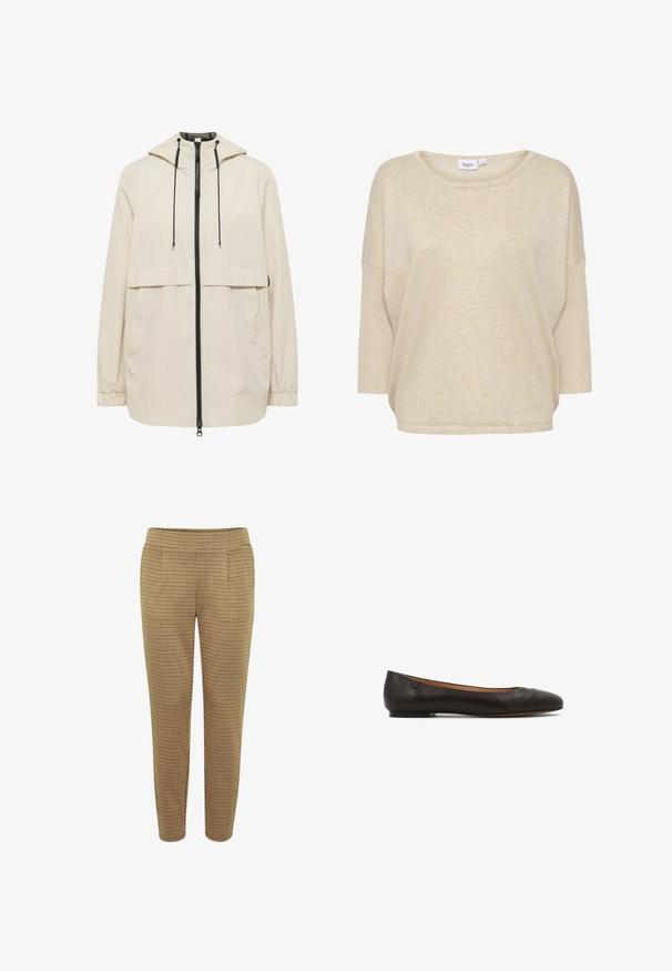 Beige Kapuzenjacke mit schwarzem Frontreißverschluss, verstellbaren Kordelzügen, elastischen Bündchen und zwei Seitentaschen, entworfen für den Außenbereich.; Beige übergroßes Oberteil aus weichem Stoff, mit einem weiten Ausschnitt und Dreiviertelärmeln. Verfügt über einen lässigen Schnitt und minimale Nahtdetails.; Braune Karohosen in figurbetontem Schnitt, mit elastischem Bund und zwei Seitentaschen. Der Stoff hat eine glatte Textur und ein kariertes Muster.; Schwarzer Leder-Ballerina mit abgerundetem Zehenbereich, glatter Textur, minimalistischem Design und niedrigem Absatz; verfügt über ein dezentes geprägtes Logo.