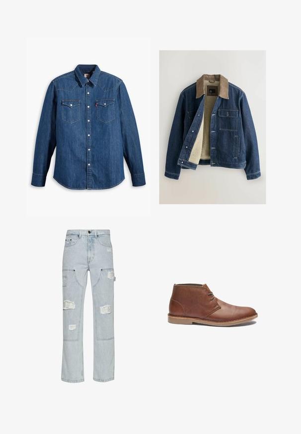 Denimjakke med en brun kordfløjelkrave, cremefarvet fleecefor, frontknaplukning og to brystlommer. Forstærket syning.; Denim skjorte i mørkeblå med lange ærmer, spids krave og trykknapper. Har to brystlommer med klapper og kontrastsying.; Lyseblå denim cargo bukser med slidte lapper, vid benedesign, to sidelommer og nitter.; Brune læder ankelstøvler med et elegant design, der har en simpel snørebånd, rund tå og gummisål. Glat tekstur med syede detaljer.