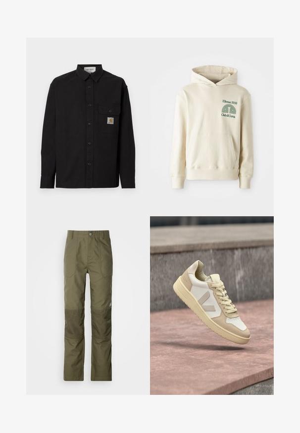 Musta, pitkähihainen, napitettava paita, jossa kaulus, rintatasku, jossa Carharttin logopatch, ja napilliset kalvosimet, esitetty yksinkertaisella taustalla.; Beige puuvillane kapuutsiga särk, millel on ees suur tasku. Vasakus rinnas on roheline teksti logo "Ellesse 1959" ja kumer graafika. Pehme tekstuur, regulaarne lõige.; Oliivinvihreät suorat housut, joissa on vahvistetut polvipatchit, kaksi etutaskua ja nappisulku vyötäröllä.; Beigen ja valkoisen lenkkikengän paksu pohja ja nauhat, leijuu kiven päällä epätarkalla harmaalla kiviseinätaustalla.