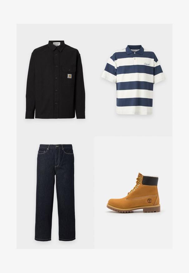 Schwarzes langärmliges Hemd mit Knöpfen, Kragen, Brusttasche mit Carhartt-Logo-Patch und geknöpften Manschetten, auf einfarbigem Hintergrund dargestellt.; Marineblaue und weiße horizontal gestreifte Kurzarm-Poloshirt mit Kragen und zweiknöpfiger Leiste, mit kleinem gesticktem Markennamen auf der Brust.; Dunkelblaue gerade geschnittene Jeans aus Denim mit fünf Taschen und weißen Kontrastnähten, Knopfverschluss und Gürtelschlaufen.; Braune Leder-Ankle-Boots mit Metallösen, weißem Kunstfellfutter, schwarzem gepolstertem Kragen, robustem Sohlenprofil und geprägtem Logo an der Seite.