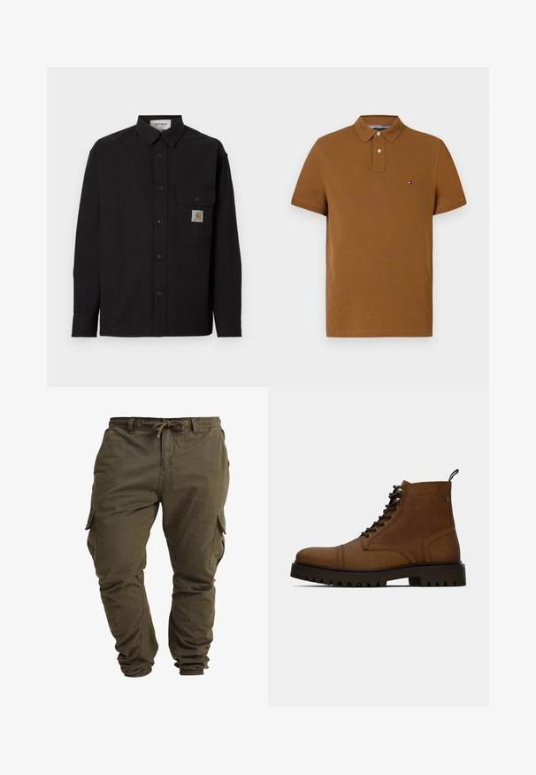 Sort langærmet skjorte med knapper, krave, brystlomme med Carhartt-logo patch og knapmanchetter, vist på ensfarvet baggrund.; Brun bomulds polo skjorte med klassisk krave, to-knaps lukning og et lille logo på venstre bryst. Korte ærmer.; Olivenfarvede cargo-bukser lavet af blød bomuld, med justerbar taljesnor, elastiske cuffs og sidelommer.; Brun læder snørefri ankelstøvle med tyk sort sål og hængslet på en hvid baggrund.