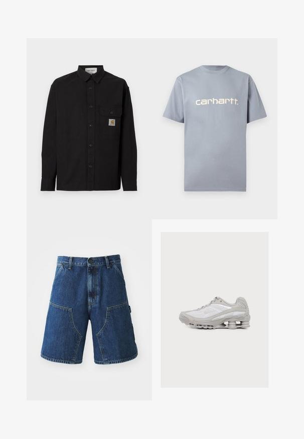 Schwarzes langärmliges Hemd mit Knöpfen, Kragen, Brusttasche mit Carhartt-Logo-Patch und geknöpften Manschetten, auf einfarbigem Hintergrund dargestellt.; Hellblaues T-Shirt mit kurzen Ärmeln aus Baumwolle, mit dem "carhartt."-Logo in kontrastierender heller Farbe quer über der Brust. Einfaches Design.; Denim-Shorts mit einer dunkelblauen Waschung, großen Fronttaschen, Knopfverschluss und sichtbaren Nähten entlang der Säume.; Hellgrauer und weißer Sportschuh mit sichtbarer federartiger Dämpfung in der Sohle und einem Obermaterial aus Mesh-Gewebe.