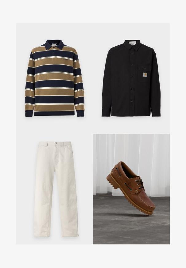 Sort langærmet skjorte med knapper, krave, brystlomme med Carhartt-logo patch og knapmanchetter, vist på ensfarvet baggrund.; Langærmet polo med marineblå, tan og hvide lodrette striber; har en krave, tre-knaps knaplukning og broderet logo på brystet.; Lysebeige bukser med lige ben og diskrete lodrette striber, frontknapper, bæltestropper og sidelommer.; Brun læder bådsko med sorte snørebånd, beige syninger og en robust sål, hængende over en grå betongulv.
