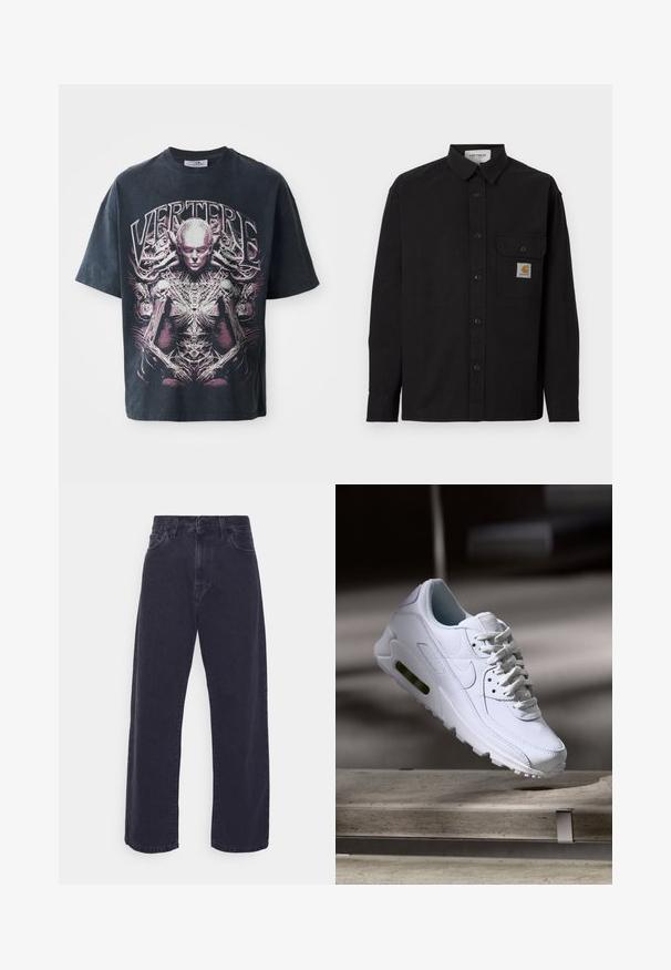 Sort langærmet skjorte med knapper, krave, brystlomme med Carhartt-logo patch og knapmanchetter, vist på ensfarvet baggrund.; Sort grafisk t-shirt lavet af bomuld, med et stort pink og hvidt design af en humanoid figur med intrikate detaljer og teksten "VERTERE."; Mørk vaske denim jeans med en bred ben silhuet, høj talje og fem-lomme design. Har en klassisk knap- og lynlåslukning.; Hvide lædersneakers med teksturerede overflader, polstret krave og synlig luftpolstring i sålen. Har snørrebånd og et minimalistisk design.