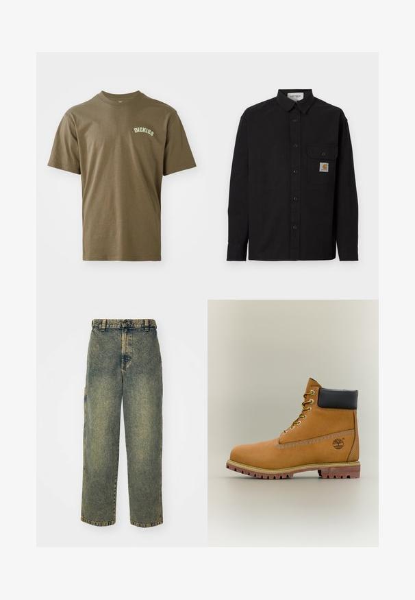 Schwarzes langärmliges Hemd mit Knöpfen, Kragen, Brusttasche mit Carhartt-Logo-Patch und geknöpften Manschetten, auf einfarbigem Hintergrund dargestellt.; Olivgrünes Baumwoll-T-Shirt mit kurzen Ärmeln, Rundkragen und einem kleinen weißen "Dickies"-Logo auf der linken Brust. Glatte Textur.; Baggy-Jeans aus Denim in einer verblassten Blauen und Grünen Waschung. Mit Knopfverschluss, Gürtelschlaufen und Seitentaschen. Flaches Vorderteil und gerades Bein-Design.; Brauner Leder-Stiefelette mit schwarzem Kragen, gelben Schnürsenkeln und hellbrauner Sohle. Verfügt über ein Logo und weiße Ziernähe. Robuste Profilsohle.