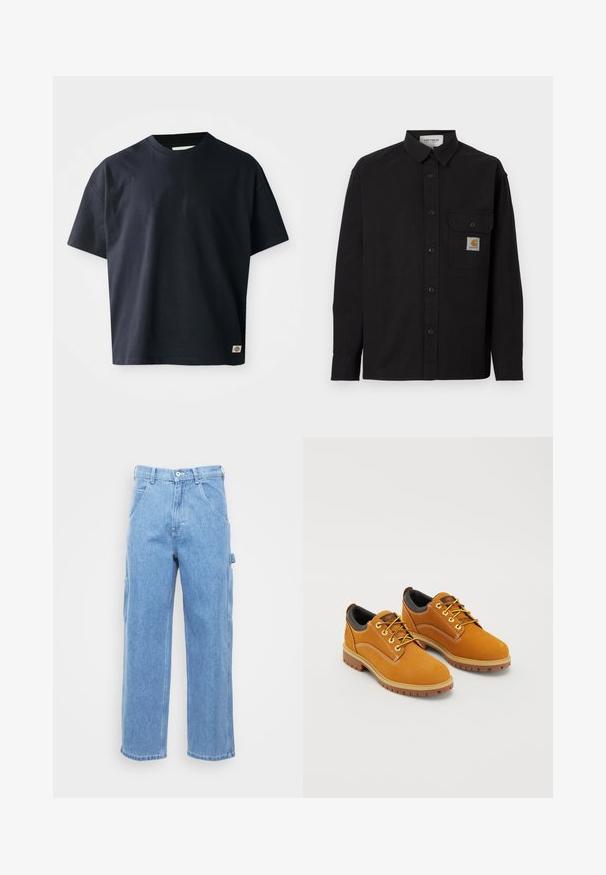 Camisa negra de manga larga con botones, cuello, bolsillo en el pecho con parche del logo de Carhartt y puños con botones, mostrada sobre un fondo liso.; Camiseta de cuello redondo de manga corta en azul marino con un pequeño logo rectangular de la marca cerca del borde inferior en el lado derecho del frente.; Pantalones cargo de denim azul claro con pierna recta, bolsillos frontales y bolsillos laterales. La textura de la tela es suave con un acabado ligeramente desgastado.; Zapatos de ante marrón con punta redonda, cordones amarillos, un collar acolchado negro y suelas de goma con surcos de tracción.