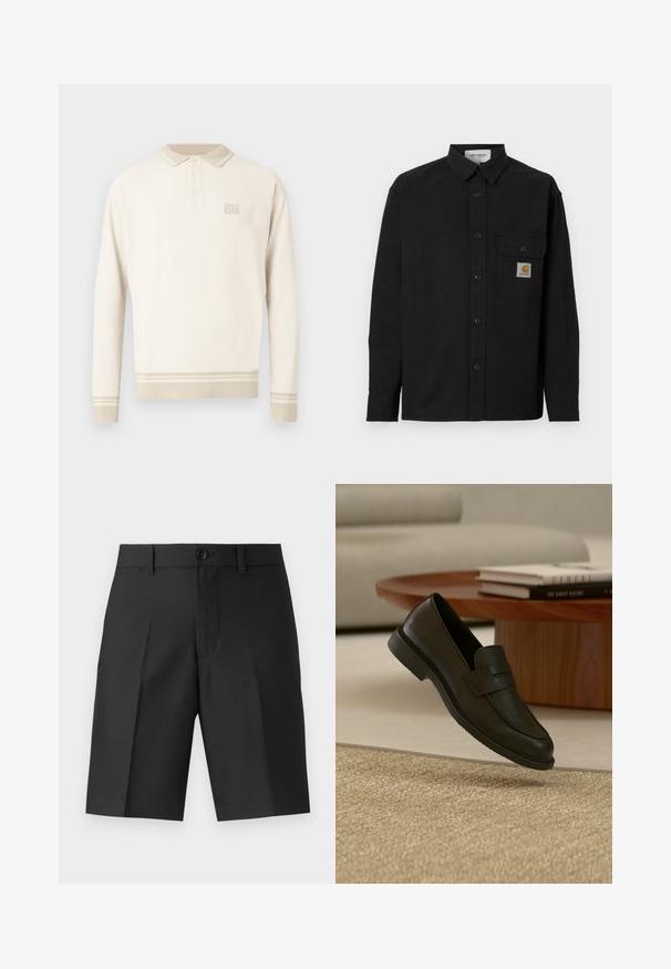 Musta, pitkähihainen, napitettava paita, jossa kaulus, rintatasku, jossa Carharttin logopatch, ja napilliset kalvosimet, esitetty yksinkertaisella taustalla.; Beige pitkähihaisen poolopaidan teksturoitu neulos, napillinen kaulus ja raidat helmassa ja hihansuuissa. Rintakehällä hillitty brändäys.; Musta räätälöity lyhythihaiset shortsit, jotka on valmistettu kevyestä kankaasta. Niissä on suora leikkaus, yksinkertaiset taitteet ja etupainike.; Musta nahkainen loafer-kenkä ilmassa keskellä beigeä kudottua mattoa, puisella pöydällä ja pinotut kirjat pehmeästi valaistussa olohuoneessa.