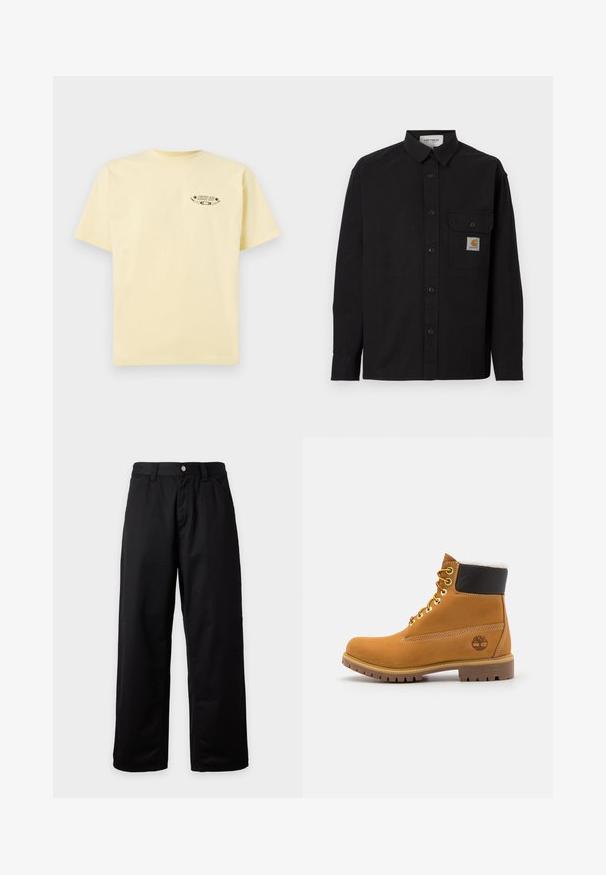 Camisa negra de manga larga con botones, cuello, bolsillo en el pecho con parche del logo de Carhartt y puños con botones, mostrada sobre un fondo liso.; Camiseta de algodón amarilla con mangas cortas y cuello redondo, que presenta un logo gráfico impreso en la parte izquierda del pecho.; Pantalones negros de pierna ancha con trabillas para cinturón, botón frontal y cierre de cremallera, exhibidos sobre un fondo claro y liso.; Botín de cuero marrón con ojales de metal, forro de piel sintética blanca, cuello acolchado negro, suela resistente y logotipo en relieve en el costado.
