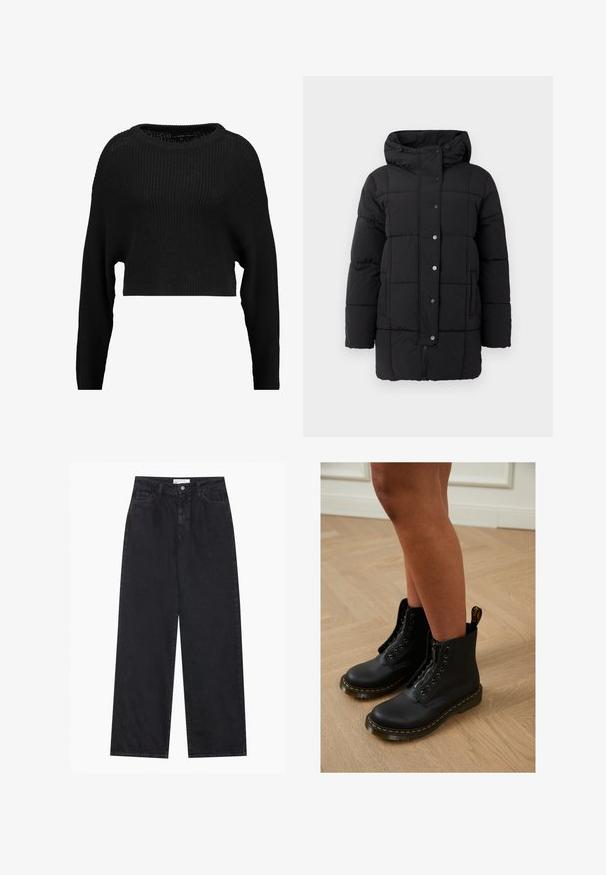 Manteau long matelassé noir avec capuche, fermeture à boutons-pression sur le devant, poches latérales et panneaux horizontaux et verticaux cousus.; Pull en tricot noir court avec une coupe ample, un col large et des manches longues, présentant un motif texturé à côtes sur l'ensemble.; Jeans en denim noirs taille haute à jambes larges avec fermeture à bouton et zip à l'avant, passants de ceinture et style à cinq poches.; Bottines en cuir noir avec fermeture éclair et design à lacets, arborant des coutures jaunes et une semelle épaisse et texturée.