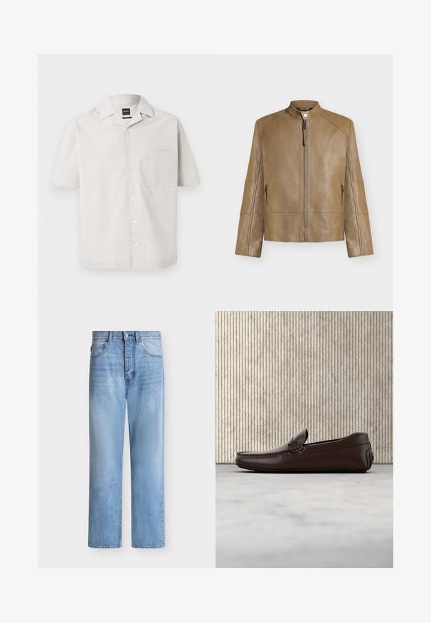 Veste en cuir beige avec col montant, fermeture éclair devant, fermeture à boutons-pression et poches latérales zippées, présentée sur fond uni.; Chemise gris clair à manches courtes avec boutons, poche poitrine et col plié, marquée "BOSS" sur la poche et l'étiquette du col.; Jean droit en denim bleu clair avec fermeture par bouton et zip, poches avant et arrière, et passants de ceinture à la taille.; Mocassins en cuir marron avec une finition lisse, des coutures de style mocassin, un bout rehaussé et une semelle en caoutchouc basse et flexible.
