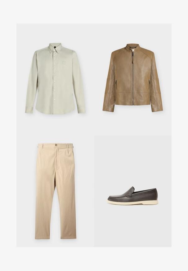 Veste en cuir beige avec col montant, fermeture éclair devant, fermeture à boutons-pression et poches latérales zippées, présentée sur fond uni.; Chemise beige à manches longues avec boutons, col et petit logo sur la poitrine, présentée sur un fond clair uni.; Pantalon beige à jambes droites avec fermeture par bouton et zip, passants pour ceinture et poches latérales, posé à plat sur un fond clair.; Chaussures à enfiler en cuir marron avec une surface texturée et une semelle beige clair contrastante, présentant un bout arrondi et de minimalistes détails de couture.