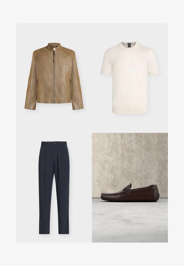 Veste en cuir beige avec col montant, fermeture éclair devant, fermeture à boutons-pression et poches latérales zippées, présentée sur fond uni.; Pull en maille crème à manches courtes avec col rond et poignets et ourlet côtelés sur un fond uni.; Pantalon bleu marine ajusté avec plis à l'avant, passants de ceinture, braguette zippée et fermeture par bouton sur fond blanc uni.; Mocassins en cuir marron avec une finition lisse, des coutures de style mocassin, un bout rehaussé et une semelle en caoutchouc basse et flexible.