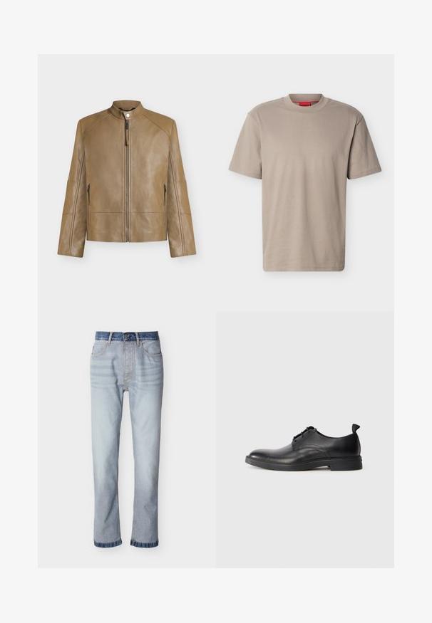 Lichtbruine leren jas met opstaande kraag, ritssluiting aan de voorkant, drukknopsluiting en ritssluitingen aan de zijkanten, getoond op een effen achtergrond.; Beige T-shirt met korte mouwen en een ronde hals, met een subtiel reliëf "HUGO" logo op de borst en een rood label aan de binnenkant van de halslijn.; Lichtblauwe spijkerbroek met een donkerblauwe tailleband, rechte pijp, vijf zakken en zichtbare stiksel details.; Zwarte leren herenschoen met veters, voorzien van een trekband op de hiel, afgebeeld in zijaanzicht op een plain witte achtergrond.