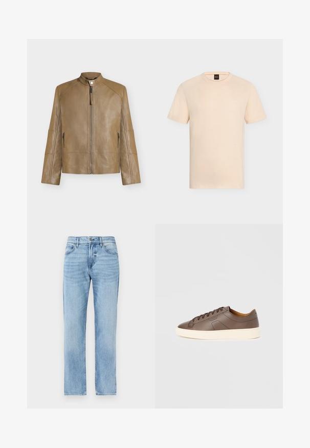 Veste en cuir beige avec col montant, fermeture éclair devant, fermeture à boutons-pression et poches latérales zippées, présentée sur fond uni.; T-shirt beige manches courtes à col rond avec un logo « BOSS » discret sur la poitrine et une étiquette noire à l’intérieur de l’encolure.; Jean denim bleu clair droit avec poches avant, passants pour ceinture, bouton et fermeture éclair.; Baskets en cuir marron à texture lisse, semelle extérieure crème contrastante, bout arrondi et lacets marron foncé ; présente un logo discrètement embossé.