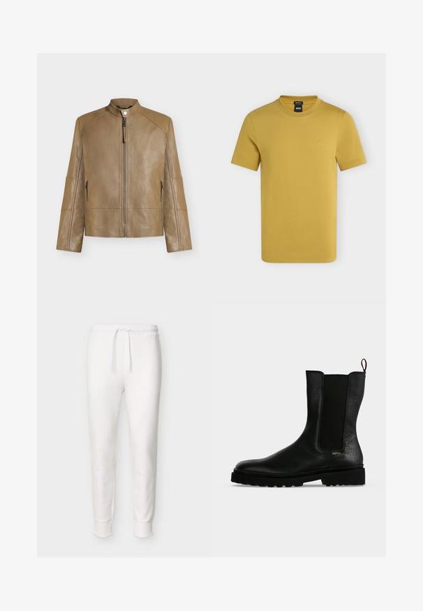 Veste en cuir beige avec col montant, fermeture éclair devant, fermeture à boutons-pression et poches latérales zippées, présentée sur fond uni.; T-shirt homme jaune moutarde à manches courtes et col rond, avec petit logo BOSS sur la poitrine gauche et étiquette coupe régulière à l’intérieur du col.; Pantalon jogger blanc à coupe slim avec taille élastique et cordon de serrage, poignets côtelés aux chevilles, présenté sur un fond uni.; Bottine en cuir noir avec un panneau latéral élastique, une semelle épaisse et une languette à l’arrière, featuring un petit logo doré "Hugo" près du talon.