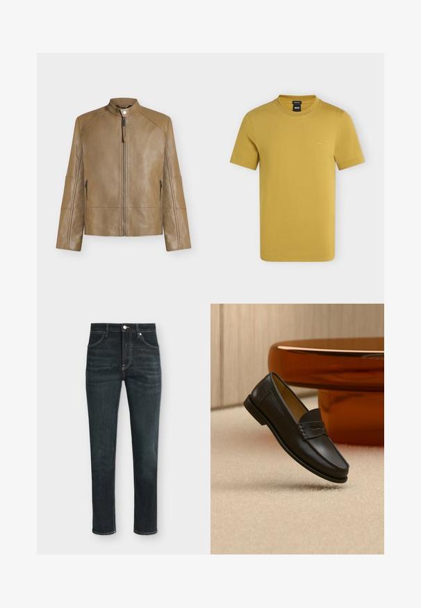 Veste en cuir beige avec col montant, fermeture éclair devant, fermeture à boutons-pression et poches latérales zippées, présentée sur fond uni.; T-shirt homme jaune moutarde à manches courtes et col rond, avec petit logo BOSS sur la poitrine gauche et étiquette coupe régulière à l’intérieur du col.; Jean slim bleu foncé avec poches avant et arrière, passants pour ceinture et fermeture par bouton et fermeture éclair.; Chaussure mocassin en cuir noir suspendue au-dessus d’un tapis beige avec du mobilier moderne couleur ambre en arrière-plan.