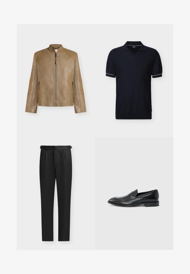 Veste en cuir beige avec col montant, fermeture éclair devant, fermeture à boutons-pression et poches latérales zippées, présentée sur fond uni.; Polo noir à manches courtes avec bordure blanche sur les poignets et col ouvert, présenté sur un fond clair uni.; Pantalon formel noir fuselé avec des plis près de la taille et des sangles latérales réglables, présenté sur fond clair.; Mocassin pour hommes en cuir noir avec talon bas, bout arrondi et petit logo métallique sur la bride, présenté en profil latéral sur un fond uni.