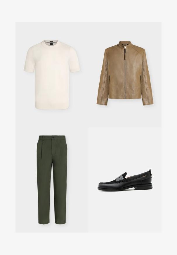 Veste en cuir beige avec col montant, fermeture éclair devant, fermeture à boutons-pression et poches latérales zippées, présentée sur fond uni.; Pull en maille crème à manches courtes avec col rond et poignets et ourlet côtelés sur un fond uni.; Pantalon droit vert foncé avec plis, passants de ceinture, poches latérales et fermeture devant zippée et boutonnée, présenté sur fond uni.; Mocassin en cuir noir avec détail de bride grise, talon bas et semelle texturée, marqué "HUGO" en or sur le côté.