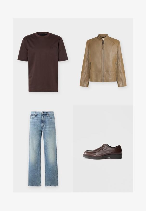 Veste en cuir beige avec col montant, fermeture éclair devant, fermeture à boutons-pression et poches latérales zippées, présentée sur fond uni.; T-shirt en coton marron foncé à manches courtes, col rond et petit logo circulaire brodé sur la poitrine gauche.; Jean droit en denim bleu clair avec taille haute, cinq poches, fermeture à boutons et léger délavage sur les cuisses et les genoux.; Chaussure habillée en cuir marron avec un bout arrondi, des accents de couture minimum, et une semelle noire robuste. Présente un système de laçage et une texture lisse.